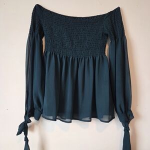 Elegant Off-Shoulder Top With Bow Strings - Teal Color